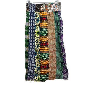 Bohemian Women Patch Maxi Skirt Wide Waist Pleated Floral Multi Print Zip Sz XL*